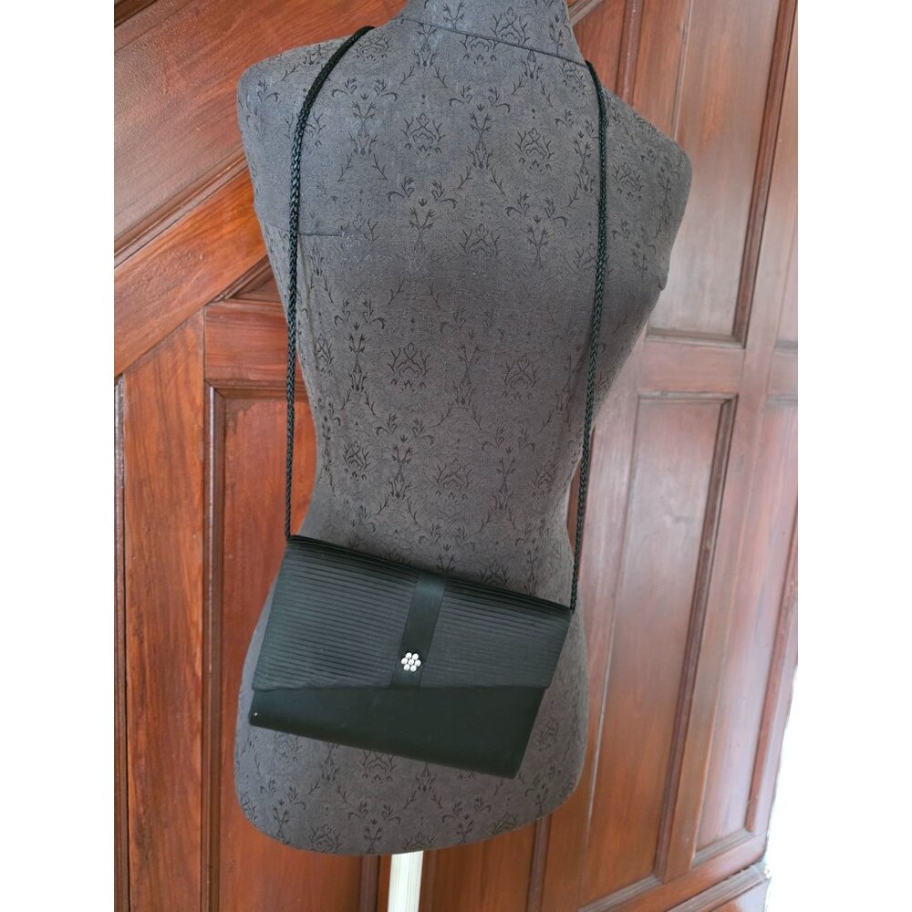 Walborg Black Pleated Evening Clutch With Rhinestone Accent & Shoulder Strap